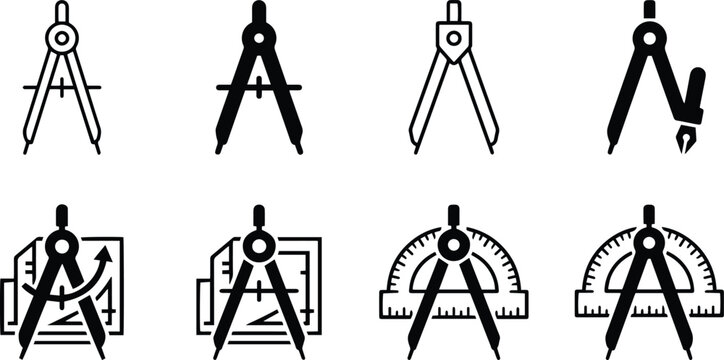 Drafting geometric compass divider tool icon set representing technical engineering drawing calculation math education layout design blueprint measurement illustration