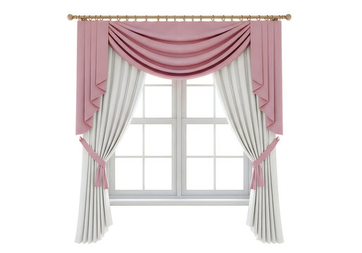 Elegant pink curtains framing a large window with white sheers