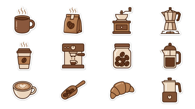 Illustration of various coffee and bakery items on a plain background with a croissant and coffee beans