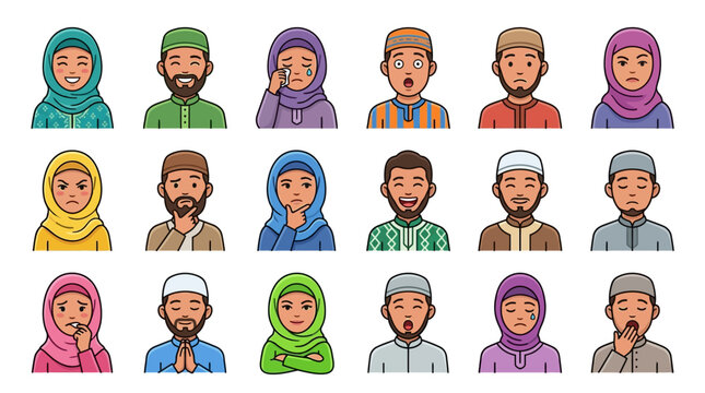 Diverse Collection of 82 Highly Detailed Semi Flat Muslim Character Avatars Featuring Expressive Faces and Richly Colored Traditional Attire for Digital Design and Branding Projects