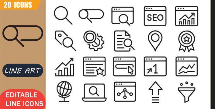 Isolated SEO search icons set, 20 editable line art icons set, search, keyword search, SEO optimization, query ranking, internet traffic, digital discovery theme style, clean outline vector