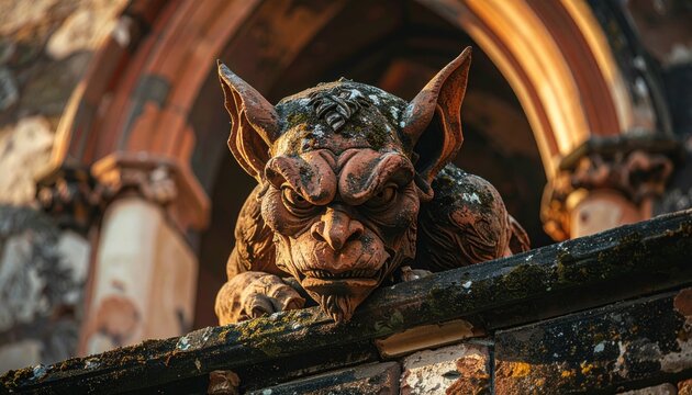 Intricate Terracotta Gargoyle Sculpture Perched on Ancient Gothic Architecture