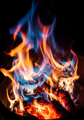 Fototapeta premium Dynamic blue and orange flames burn intensely in a fire pit, with superimposed images of people creating a nostalgic and ethereal visual.