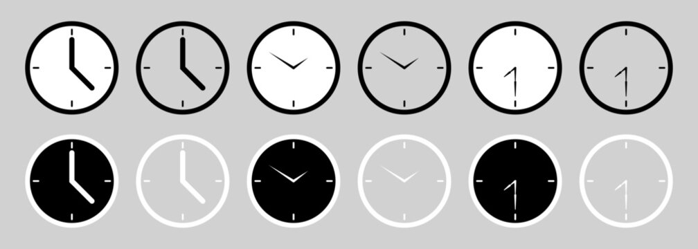 Clock icon set with analog clocks, alarm clocks, timer symbols, and multiple time variations in black, white, and gray styles arranged as a collection of timekeeping icons.