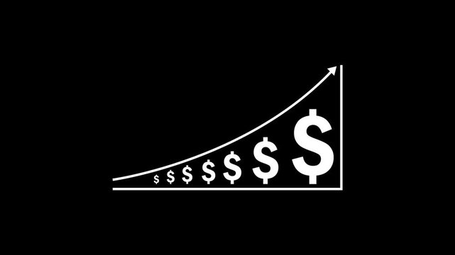Minimal white exponential dollar growth curve chart animation on black background. 4k 25fps