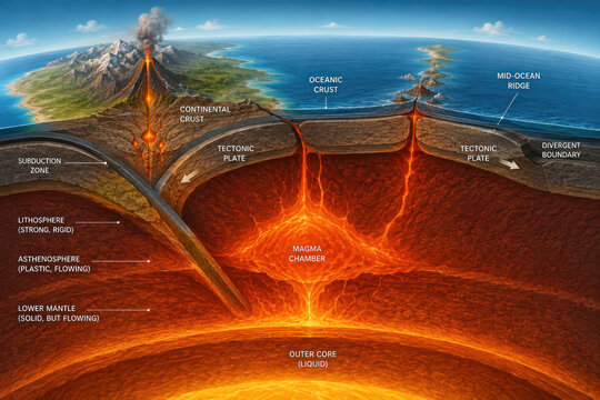 Plate Tectonics and Earth Interior Cross Section Educational Diagram