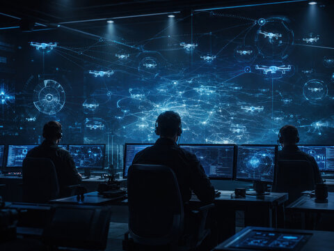 AI Drone Swarm Command Center Monitoring Autonomous UAV Network
