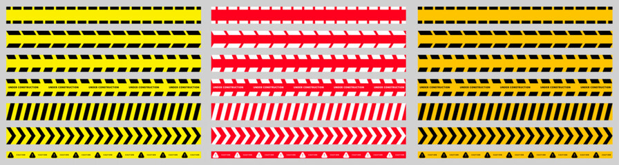 Obraz premium Warning tape collection featuring construction barrier tape, hazard stripes, directional chevrons, caution markings, and safety boundary designs in yellow, black, red, and white colors.