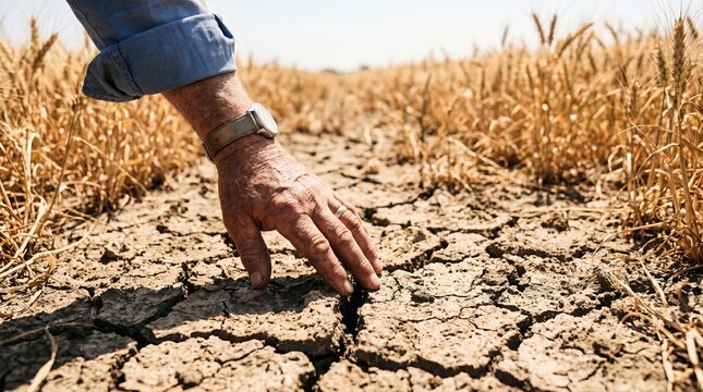 A farmer's aged hand wearing a watch touches deeply cracked sun-baked soil in a parched golden wheat field, climate crisis, drought damage, agricultural loss, environmental concern.