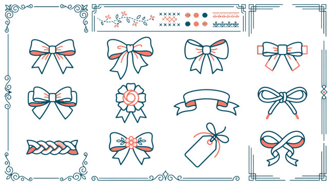 Decorative Bows and Ribbons Set for Wedding Invitations Greeting Cards and Scrapbooking Projects in Minimalist Line Art Style