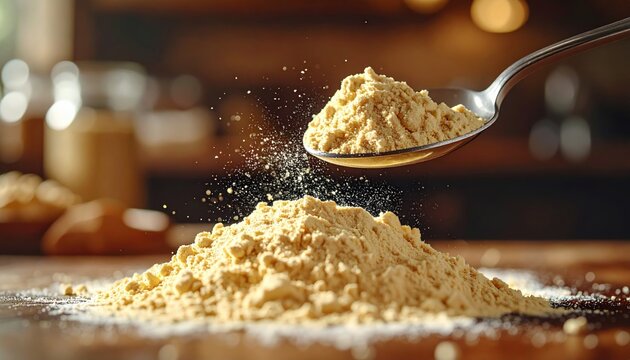 Golden Beige Casein Protein Powder Poured From Spoon