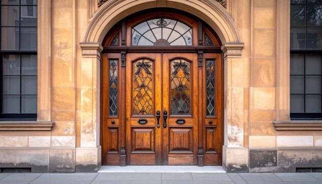 Elaborate Victorian-era wooden double front door with arched stained glass transom and flanking windows
