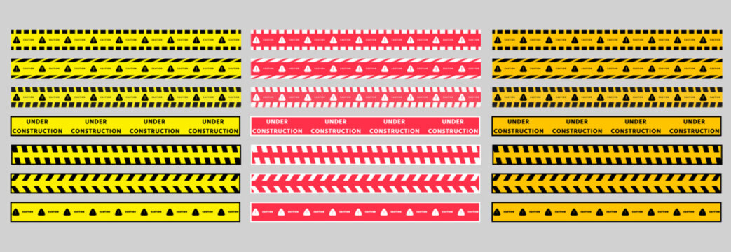 Warning tape collection featuring construction barrier tape, hazard stripes, directional chevrons, caution markings, and safety boundary designs in yellow, black, red, and white colors.