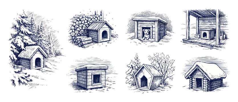 Dog house sketch vector illustration of rustic pet kennels in winter snow landscape with pine trees icons set. Hand drawn engraving style backyard doghouse designs for animal shelter concepts gallery.