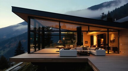 Obraz premium Modern mountain home with expansive glass walls offers stunning views. Features a spacious deck, cozy fireplace, and contemporary living area. Ideal for relaxation and luxury living nestled in nature.