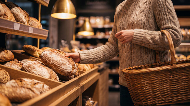 Woman shopping bread in bakery aisle