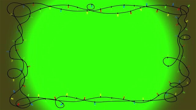 Christmas festive lights frame border with glowing bulbs on a green screen.