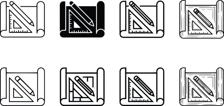 Drafting triangle ruler pencil blueprint paper icon set representing technical engineering drawing scale calculation school education math measurement geometry concept illustration