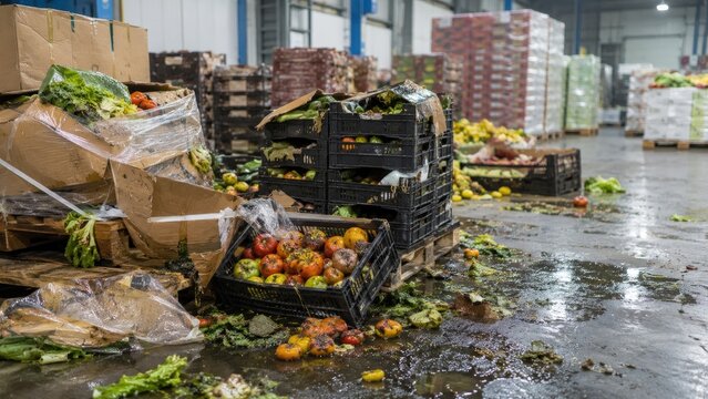 Discarded and damaged fruits and vegetables spilled across a wet cold-storage warehouse floor amid crates, boxes and pallets