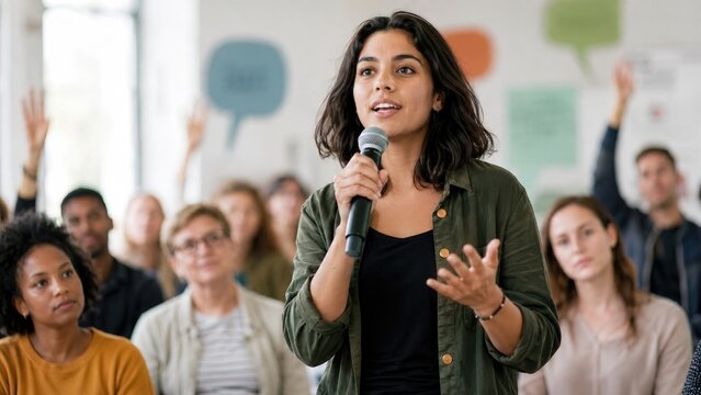 Young woman speaking into a microphone during a community meeting with attentive, diverse audience and raised hands