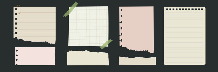 Fototapeta na wymiar Vector of various torn notebook papers with clips and tape on a dark background.