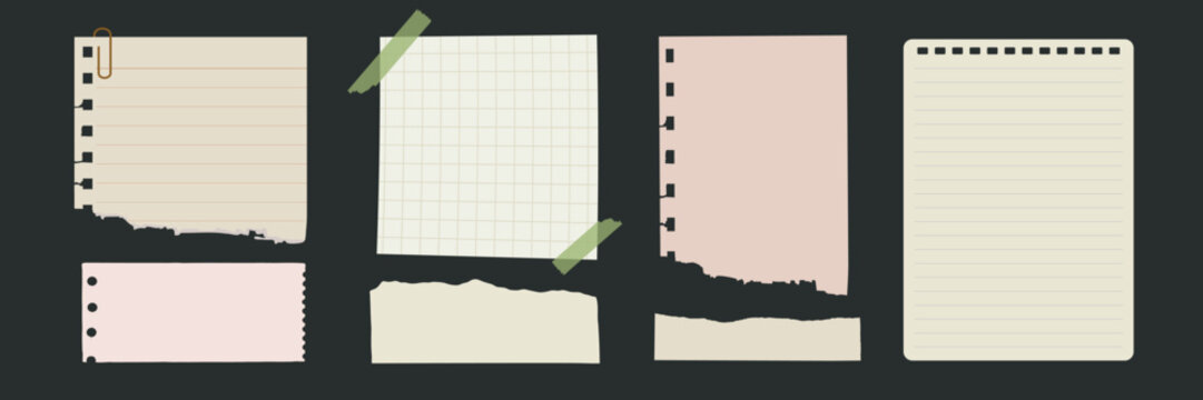 Vector of various torn notebook papers with clips and tape on a dark background.