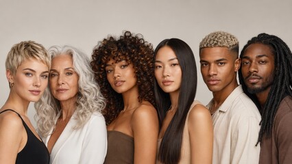 Fototapeta premium Diverse multigenerational group portrait of six models with varied hairstyles and skin tones