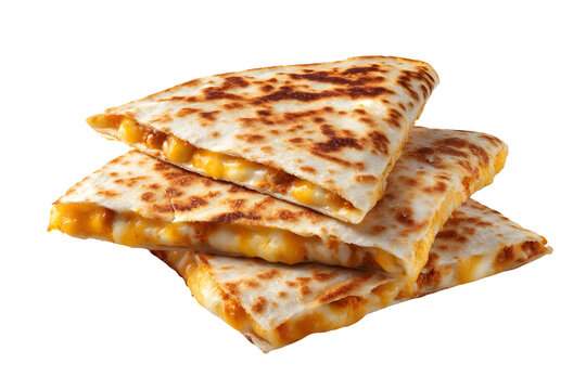 Stacked cheese quesadilla wedges with melted cheese in toasted flour tortillas, isolated on a white background.