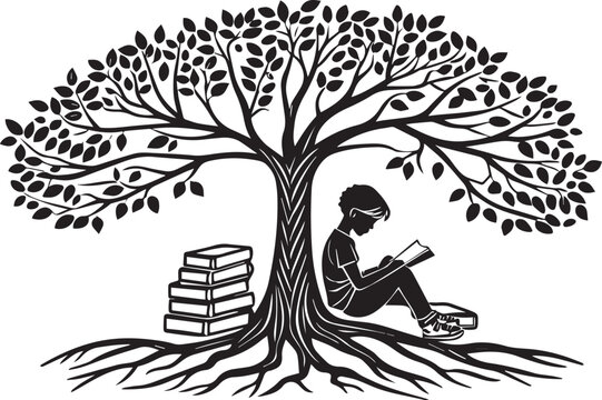 Black and white illustration of a child reading under a tree isolated on white background