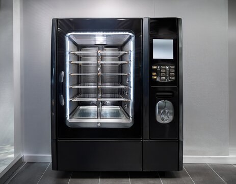 empty but ready a modern black vending machine displays its internal spiral dispensing mechanisms through the glass