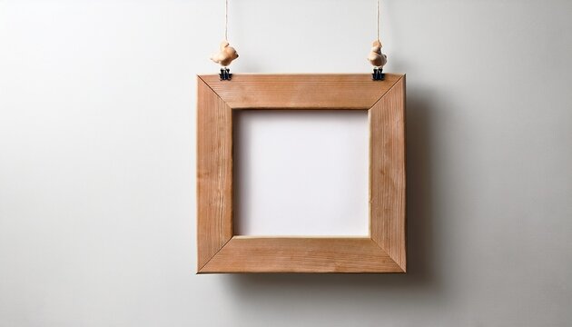 empty square light brown wooden frame hanging on a wall by string ready to showcase your favorite art or photos