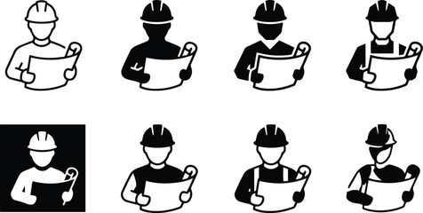 Architect worker holding blueprint plan layout icon set representing professional contractor engineer construction specialist builder site developer project management design graphic © MdAtair