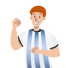Hincha de futbol argentino sonriente con cabello rojo y mano en alto © SofiaMartina