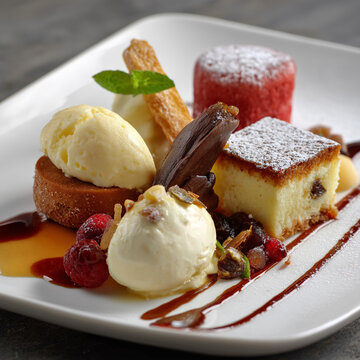 Selection of various desserts served on plate