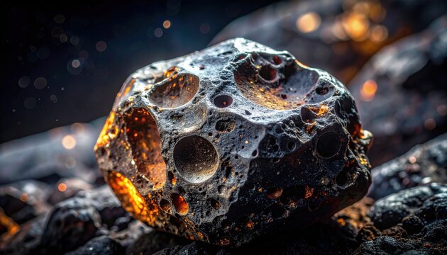 Textured surface of a meteorite with glowing craters and impact marks, representing cosmic origins and space exploration