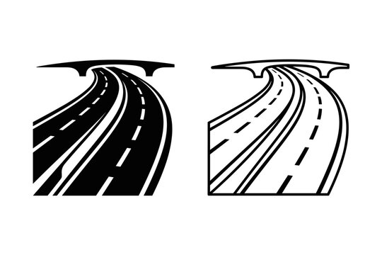 Stylized highway overpass with lanes and dashed lines, presented in two graphic styles