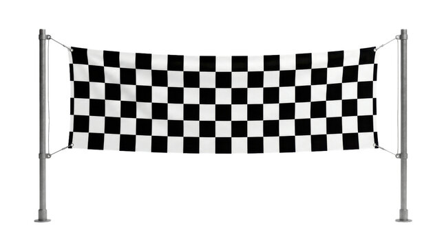 Black and white checkered finish line flag hanging between two poles isolated on transparent background