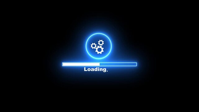 Blue Neon Loading Progress Bar with Gear Icon on Dark Background, Software Update and System Processing Concept.