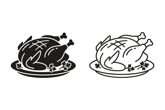 Two stylized roasted chickens on platters, one black and one white outline