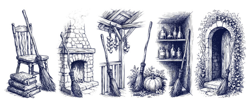 Witch broom magic cottage sketch set of rustic wizard room elements featuring stone fireplace, spellbooks, potion bottles, garden pumpkin, and ivy door archway. Medieval fantasy etching illustration.