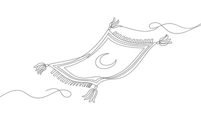Obraz premium Continuous single line of a magical flying carpet with a crescent moon symbol, ornate tassels, and flowing fabric, fantasy adventure concept, isolated on a white background