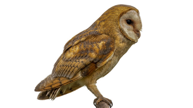 Beautiful barn owl standing on a branch looking to the side isolated on transparent background