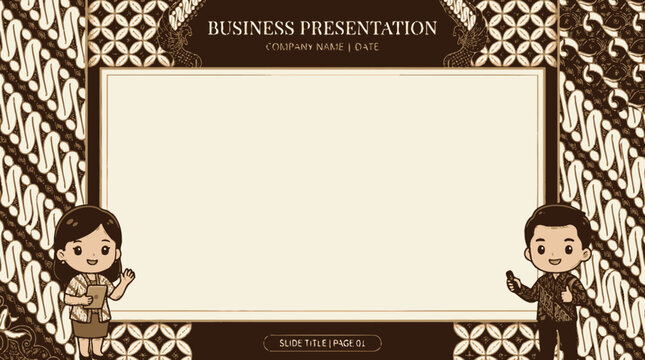 Premium Indonesian batik frame for PowerPoint presentation, intricate parang and kawung batik patterns on the border, large empty center panel, small cute chibi man and woman wearing modern batik outf