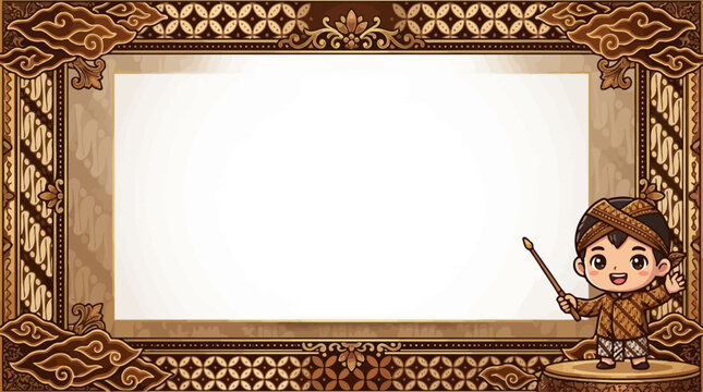 Premium Indonesian batik frame for PowerPoint presentation, intricate parang and kawung batik patterns on the border, large empty center panel, small cute chibi man and woman wearing modern batik outf