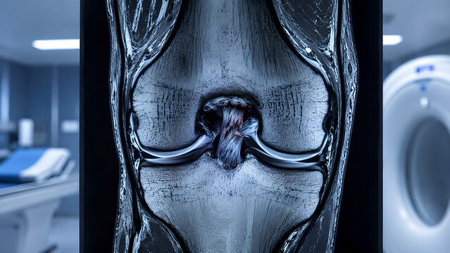 Knee PCL injury radiology concept with posterior cruciate ligament tear in MRI style medical imaging of knee joint for orthopedic diagnosis, sports medicine education, and patient care design use