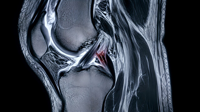 Knee PCL injury radiology concept with posterior cruciate ligament tear in MRI style medical imaging of knee joint for orthopedic diagnosis, sports medicine education, and patient care design use