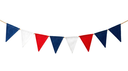 Obraz premium Red white and blue fabric bunting flags hanging on a string isolated on transparent background