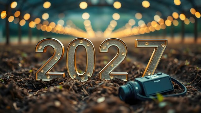 Year 2027 text with a camera, suggesting future technology or planning for the year ahead, technology