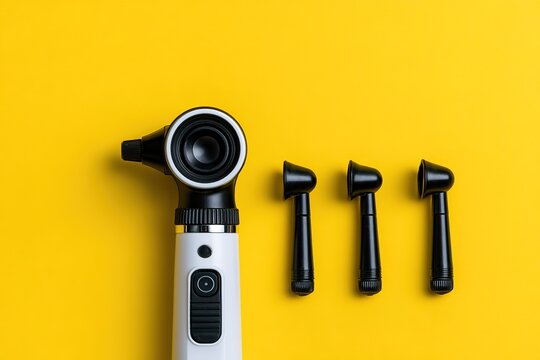 Otoscope diagnostic tool set with multiple specula heads arranged on bright yellow background for medical ear examination.