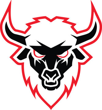 Stylized bison head mascot emblem showcasing powerful intensity with red eyes perfect for sports branding